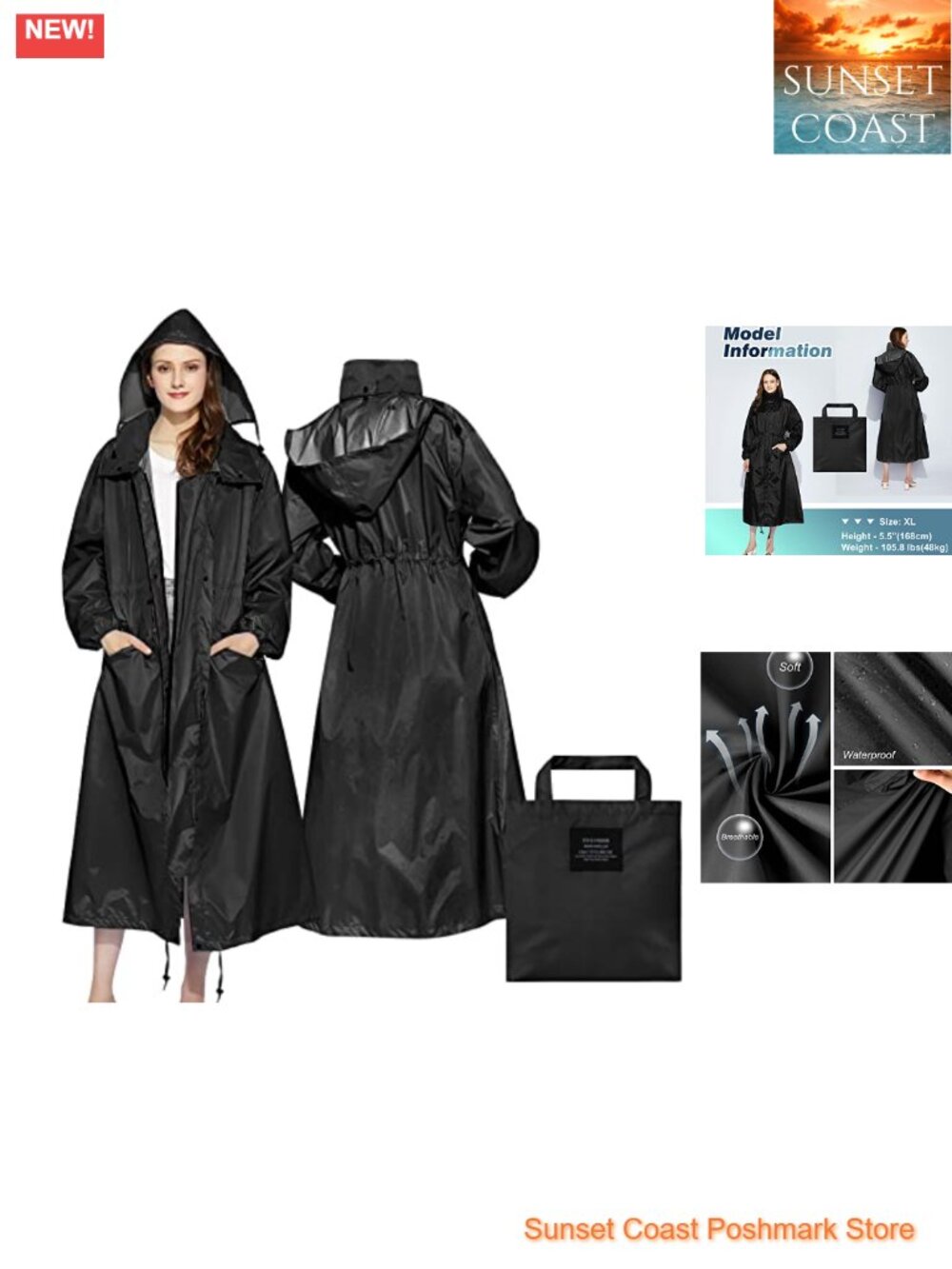 Women's Long Waterproof Raincoat Lightweight Hooded Packable Jacket